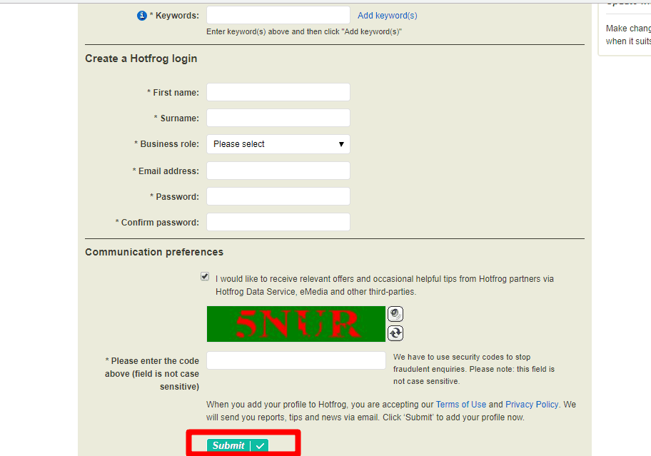 Registering on Citation - Example with HotFrog : Step 2