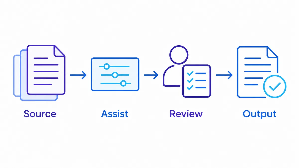 Illustration of source documents moving through AI assistance, human review and an approved output.